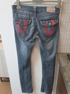 True Religion Women's VTG Blue Skinny Jeans W/ Red Back Pocket Horseshoe Y2K -29